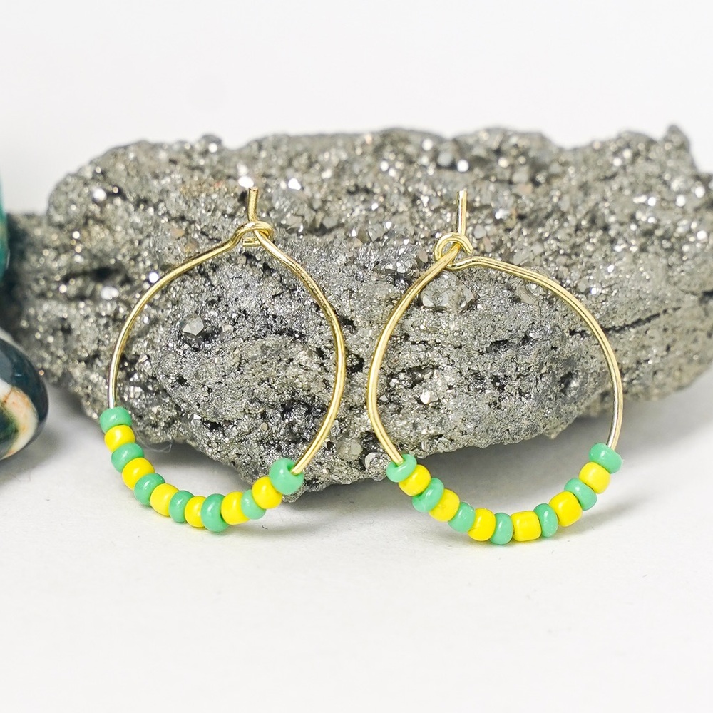 Seed Bead Hoop Earrings Handmade Green & Yellow Brass Nickel Free